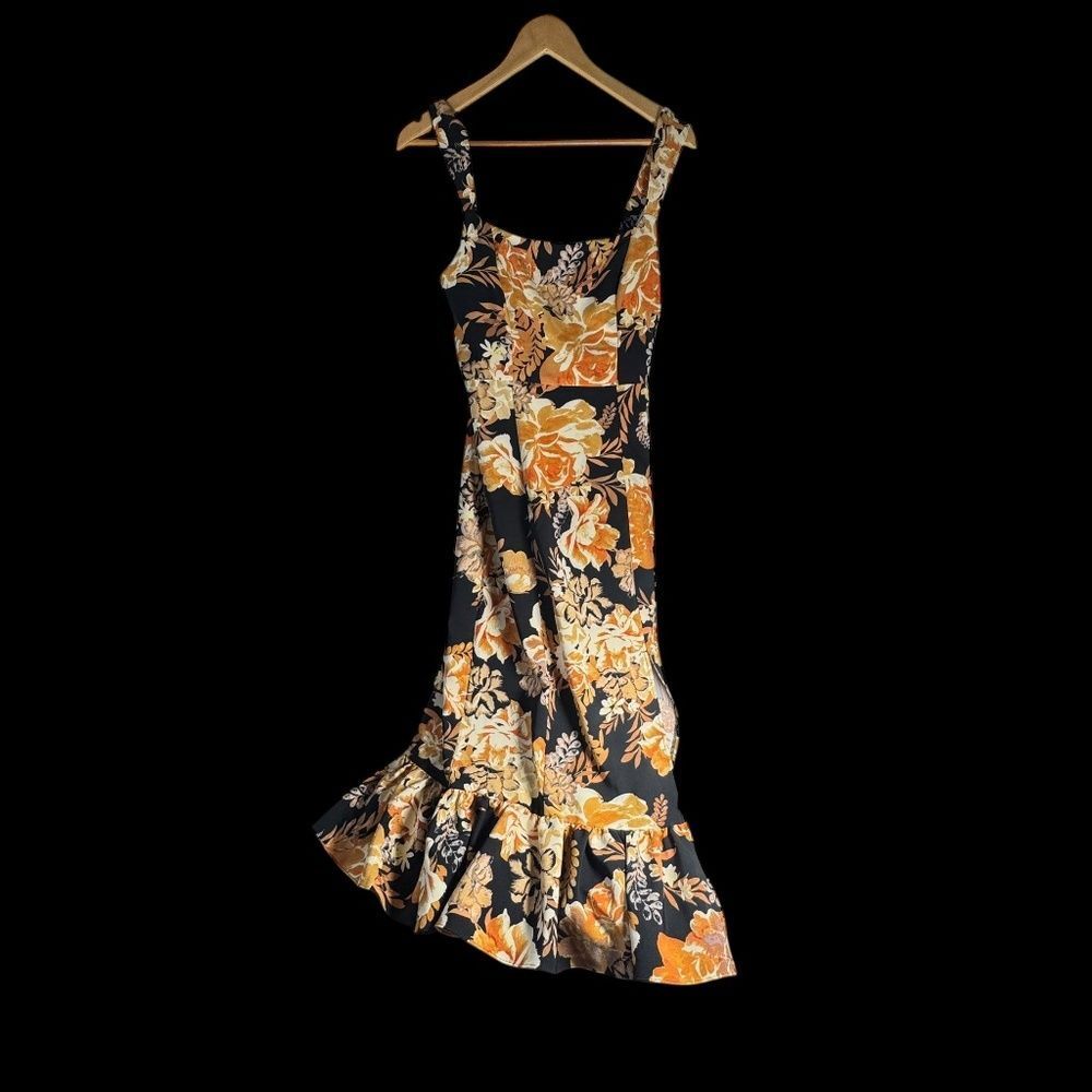 Laundry By Shelli Segal NWT Black/Gold Floral Bouquet Ruffle Hem Midi Dress Sz 6 - Picture 2 of 7